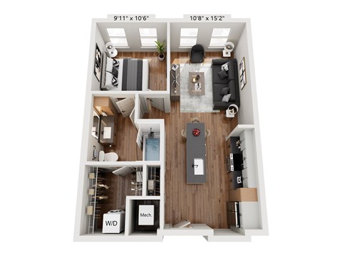 A floor plan of a small apartment with a kitchen, living room, and bathroom.